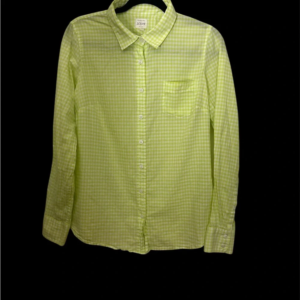 J.Crew Perfect Shirt Lime Green Gingham Button Down Cotton Top Size Small