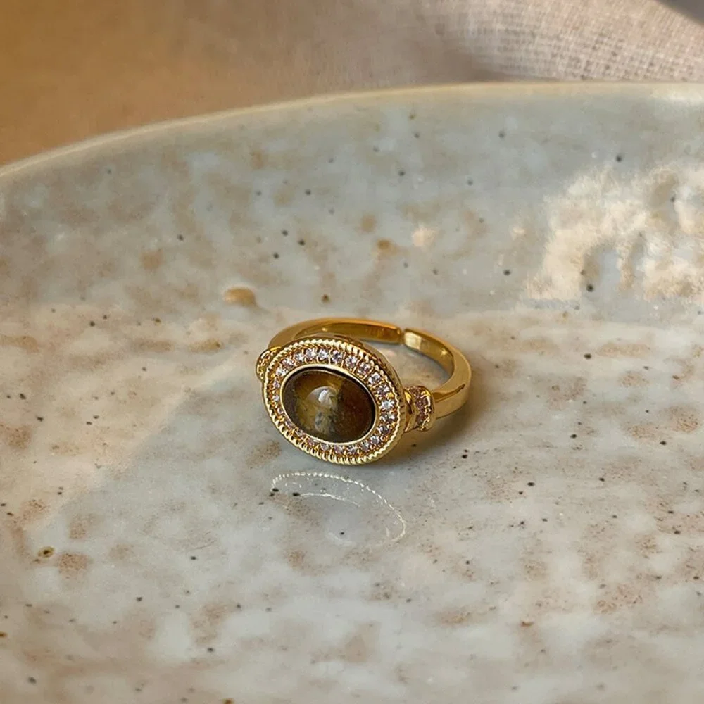 Gold Open Ring Oval Stone Ring Adjustable Ring Rhinestone Halo Ring Vintage