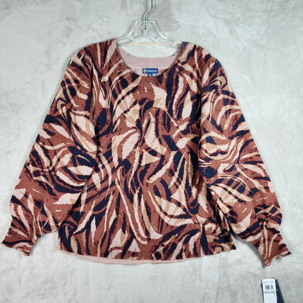 Democracy Abstract Animal Print Sweater Womens‎ 2X Pink Brown Soft Comfy Casual