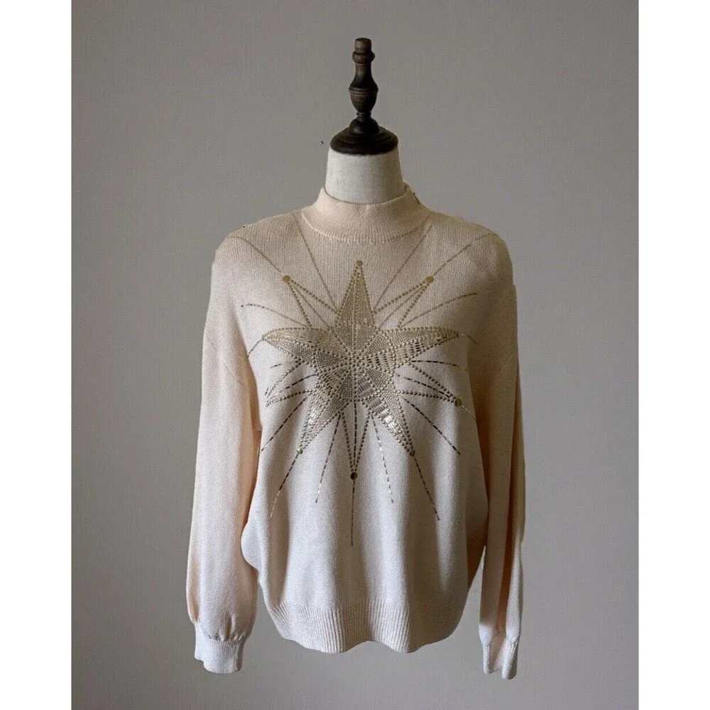 Vintage St John by Marie Gray Embellished Gold‎ & Cream Knit Sweater