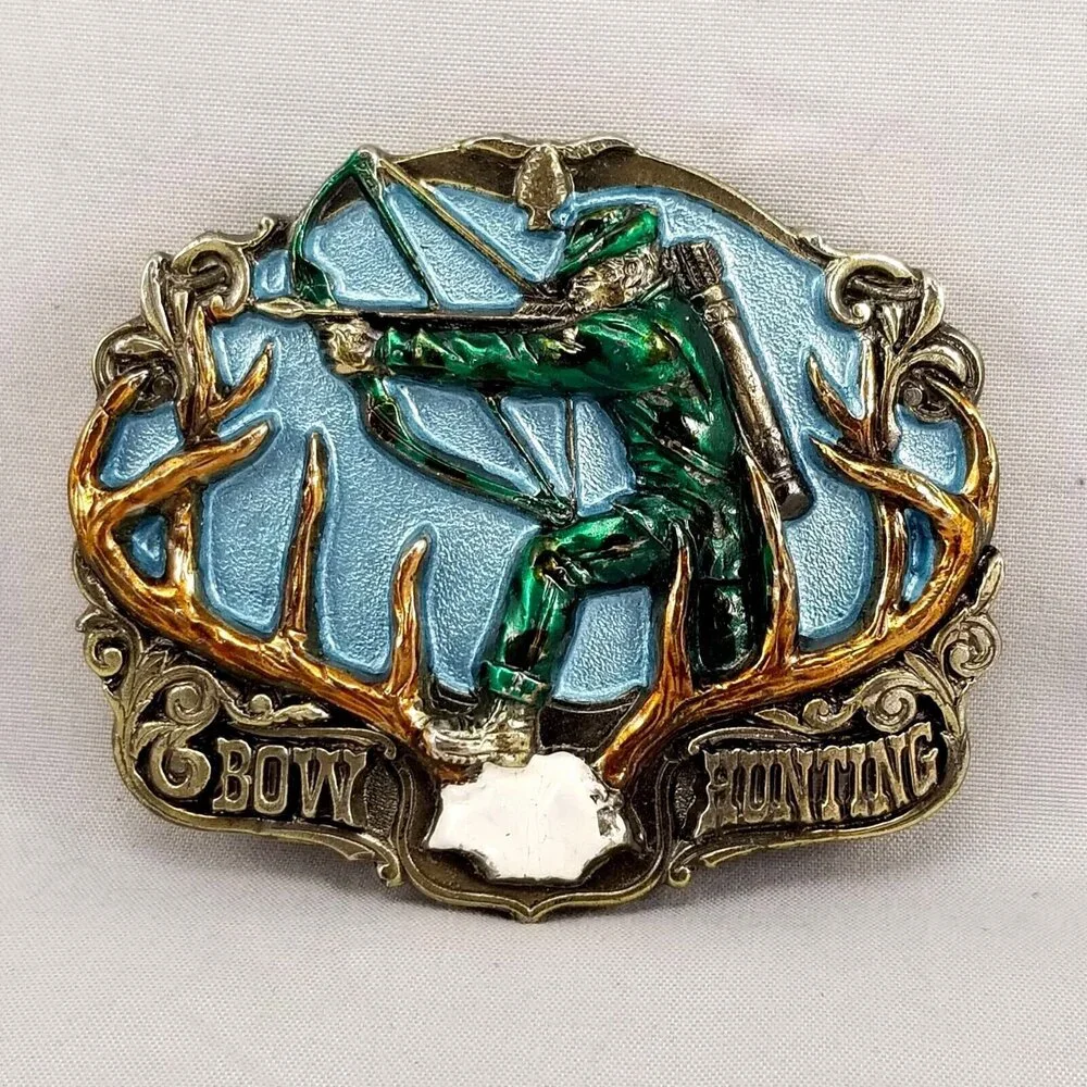Belt Buckle 1986 Bow Hunting Deer Antlers Hunter Archery Painted Made In The USA