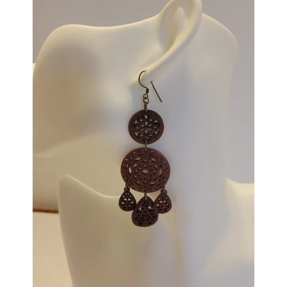 Dangling Pierced Earrings Round Teardrop Carved Wooden Cut-Out‎ Boho Jewelry