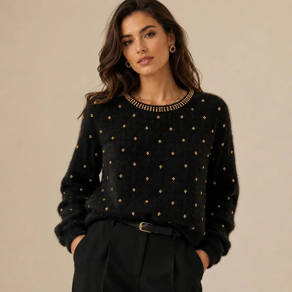 Westbound Petites Black Lambswool Angora Gold Beaded Vintage Sweater Womens M‎