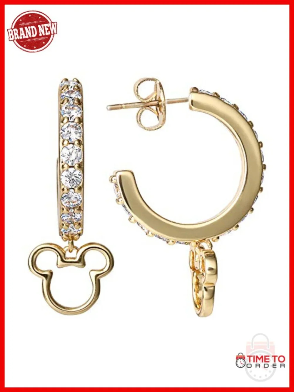 Gold Flash-Plated Cubic Zirconia Hoop Earrings with Mickey Dangle Charm