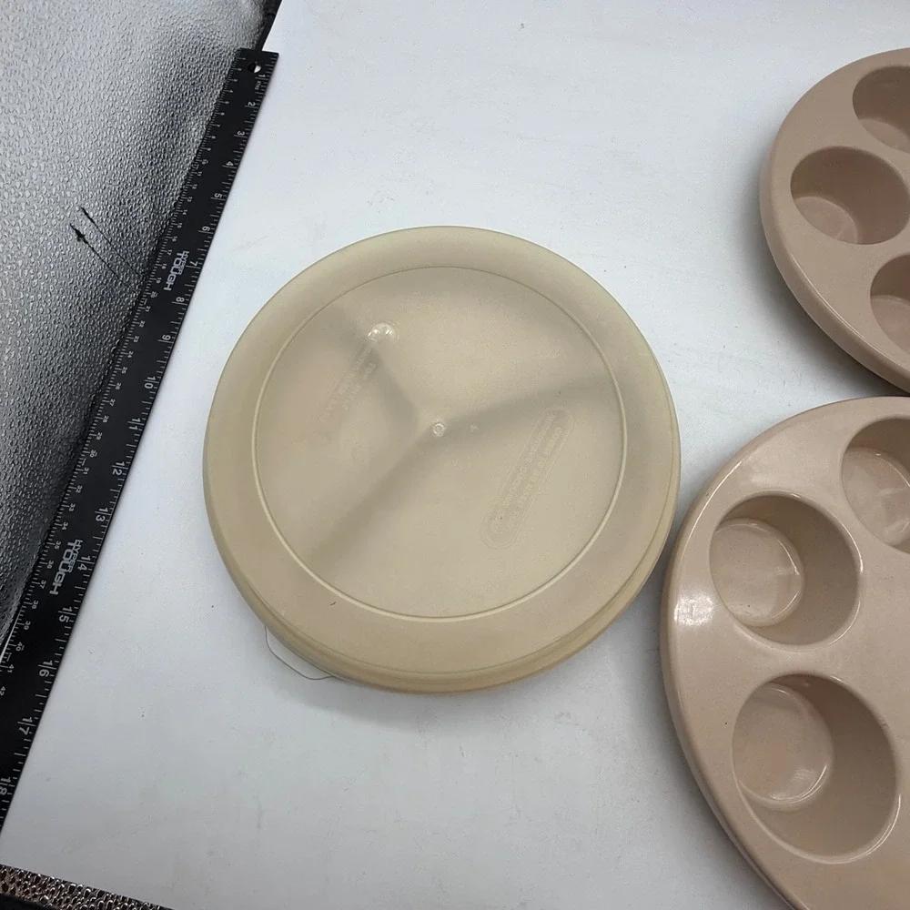 Vtg Anchor Hocking Micro-Ware Set‎ Almond Beige Egg Muffin Trays Divided Plate