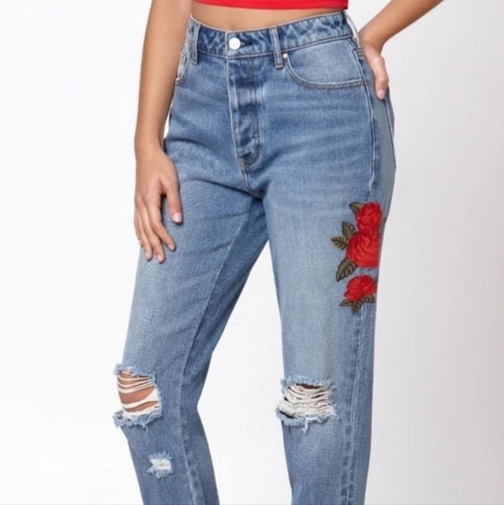 Pacsun▪️Floral Distressed Light Wash Mom Jean Straight Leg Button Fly