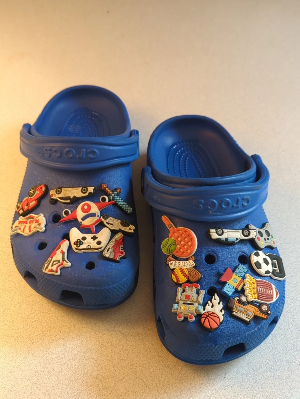 CROCS Kids Blue Clog Sandals with Fun Game & Sports Charms