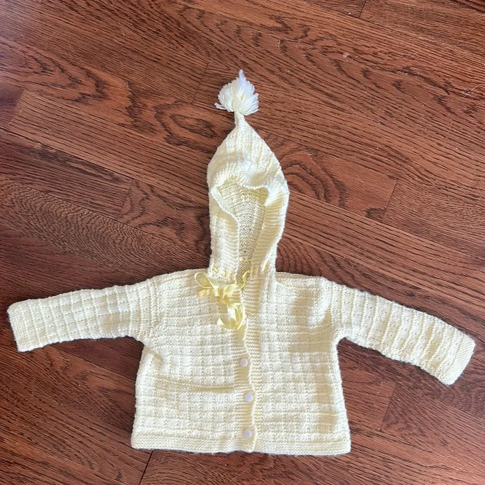 Vintage‎ yellow pom pom hooded cardigan unisex baby sweater