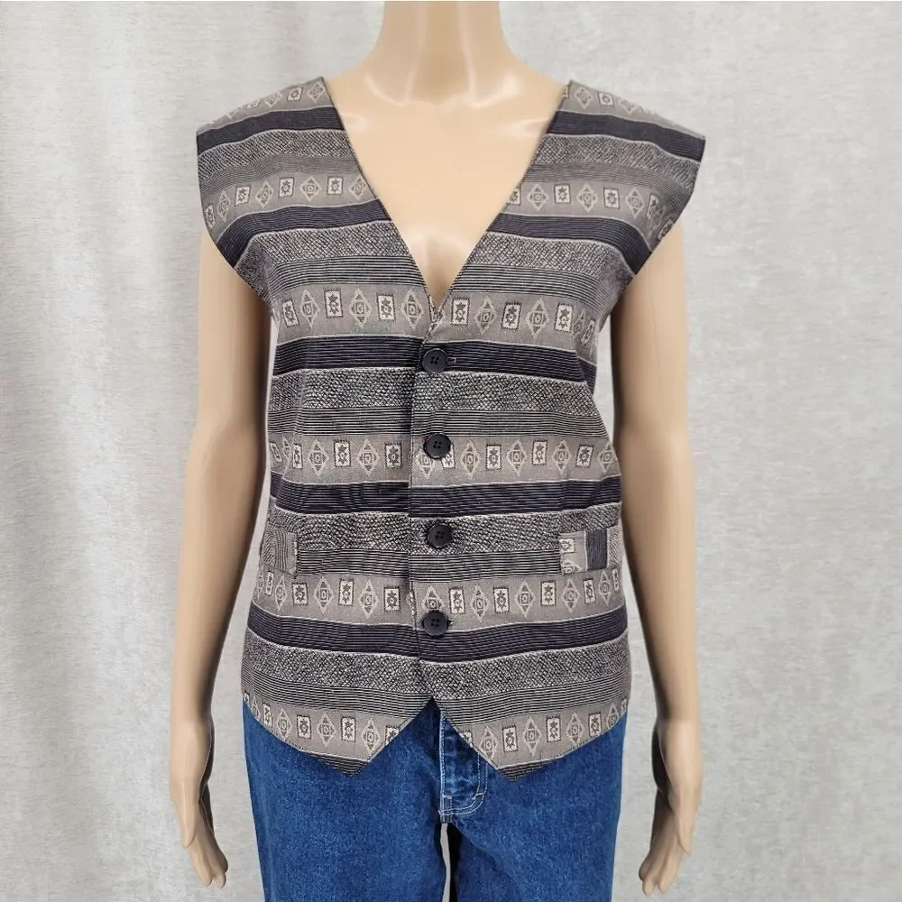 Retro Vintage Black Gray Tribal Western Waistcoat Vest Unisex Size Medium