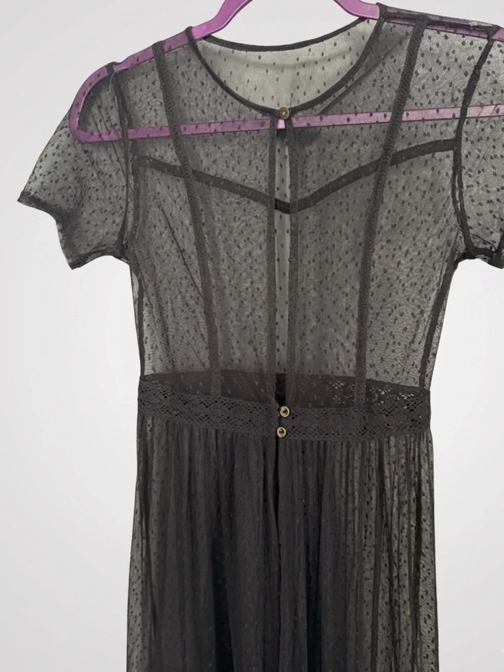 Black Floral Mesh Maxi Dress Size Large Sheer Embroidered Overlay Kimono Style