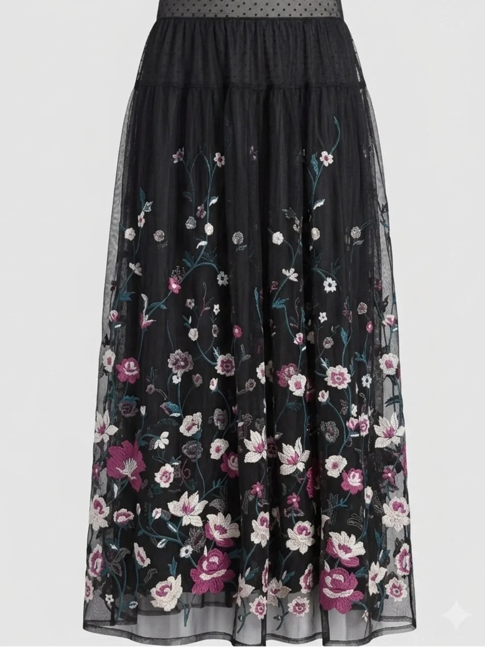 Black Floral Mesh Maxi Dress Size Large Sheer Embroidered Overlay Kimono Style