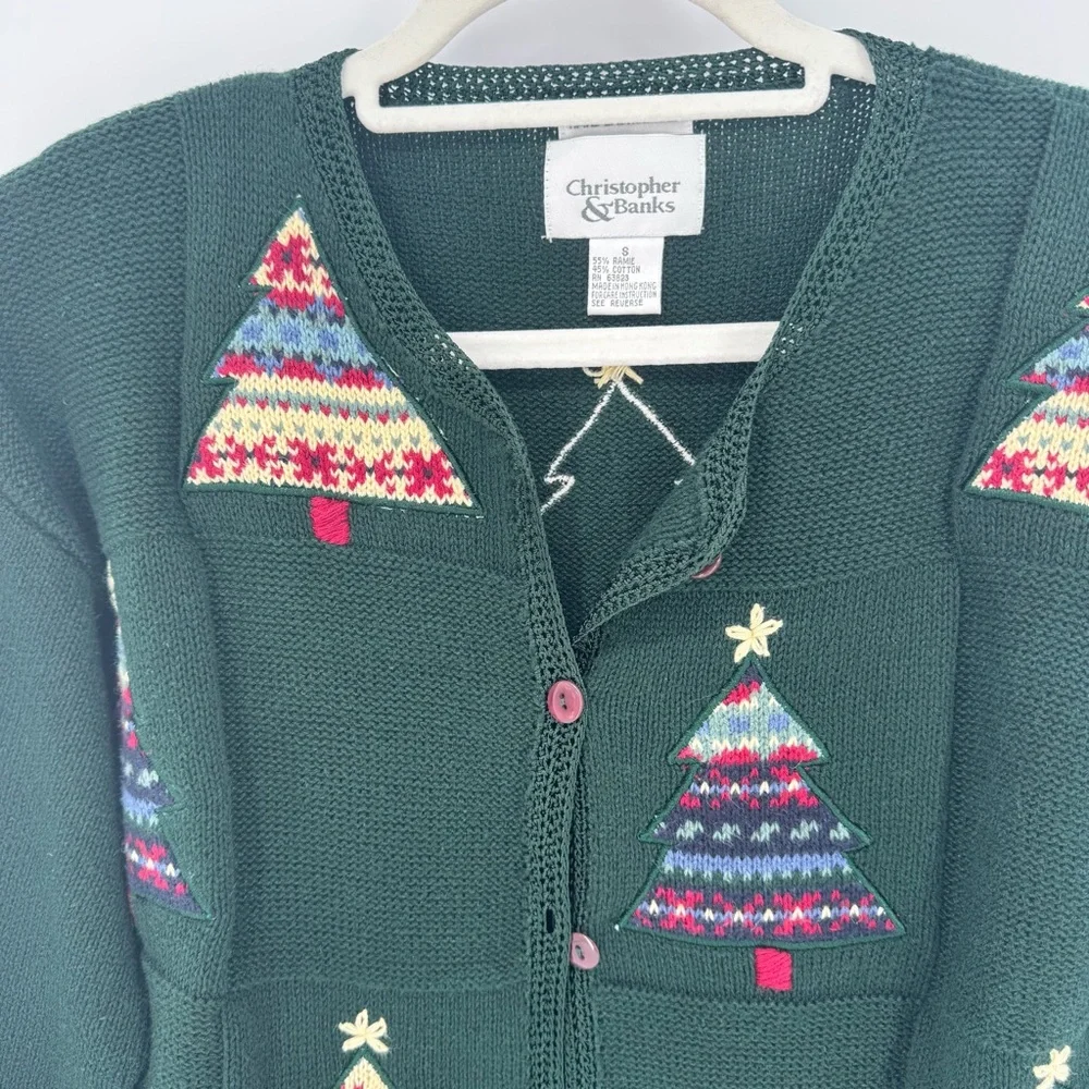 Christopher Banks Cardigan Sweater Green Christmas Embroidered HolidaySz Small‎