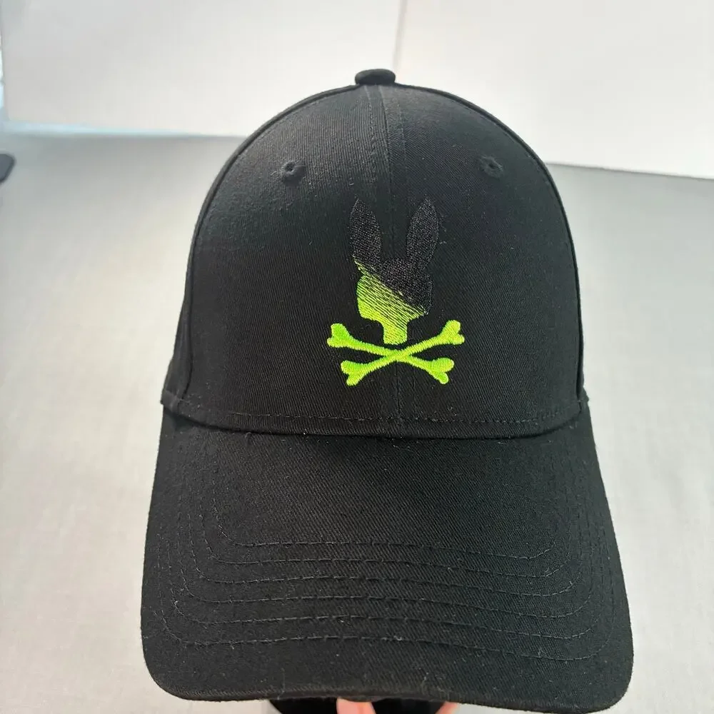 Psycho Bunny Skull & Crossbones Bunny Logo Hat Black Adjustable Cap