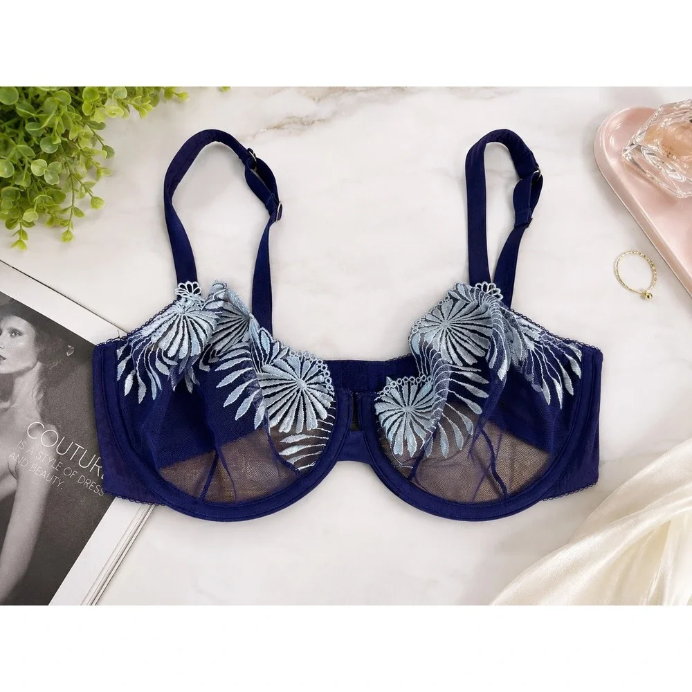 Wacoal Retro Chic Underwire Bra 36D Blue Floral Embroidery Mesh 55146