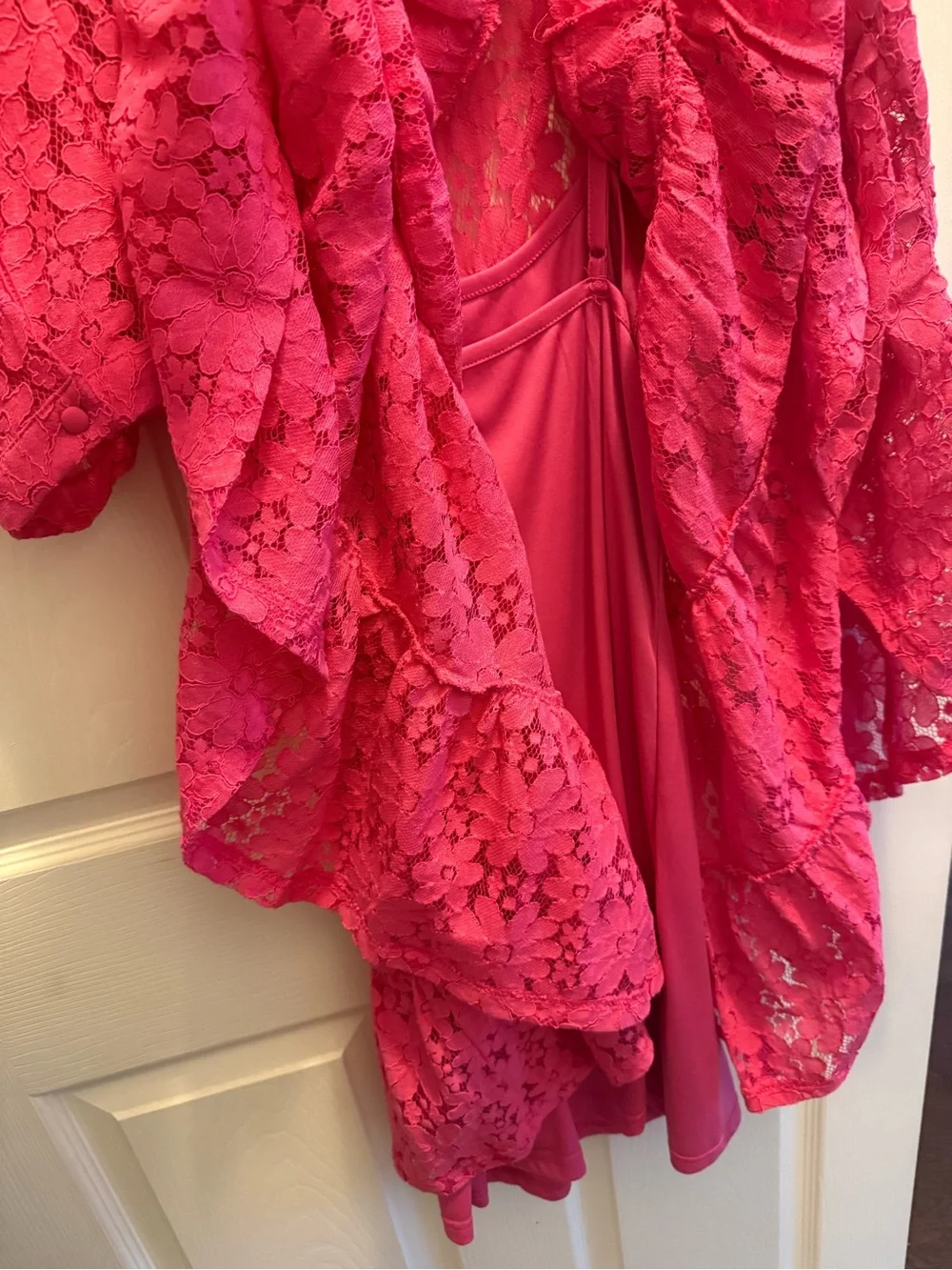Aqua Bright Pink Lace Puff-Sleeve Babydoll Dress
