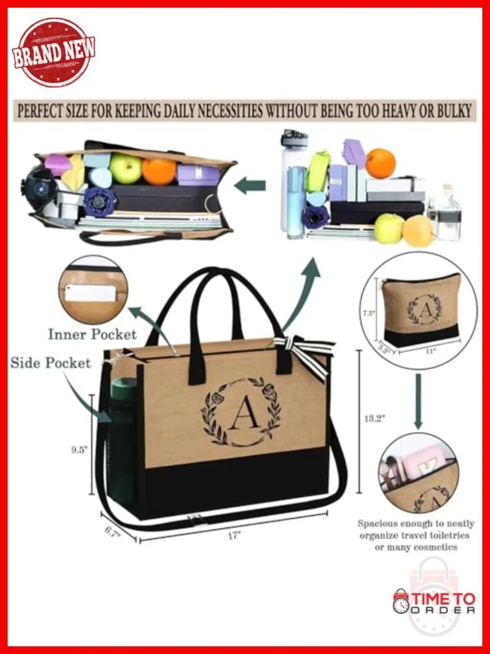 Personalized Initial Jute Tote Bag with Makeup Bag, Monogram Embroidery