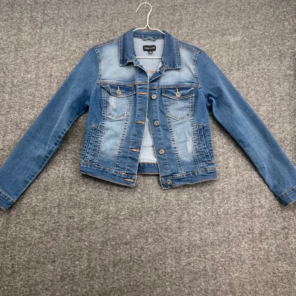 New Look Womens Medium Wash Distressed Stretch Denim Trucker Jacket Blue Size M