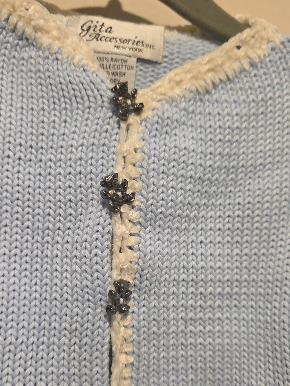 Gita Accessories Light Blue Knit Baby Cardigan with Cream Trim 6- 12 Months