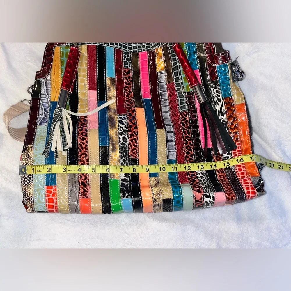 Leather Patchwork Multicolor Tote Bag Leather fringe