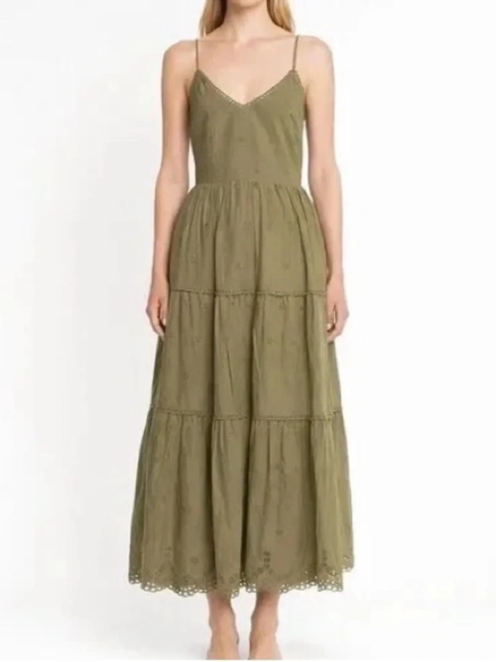 Caroline Costas Olive Eyelet Tiered Maxi Dress - Women