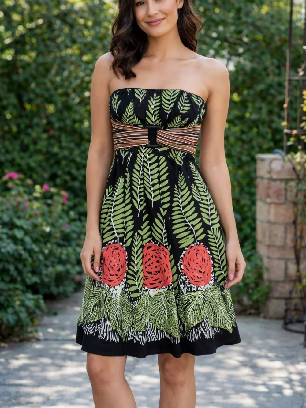 Kay Unger New York Strapless Dress Sz 4 Pleated Black Floral Tropical Print