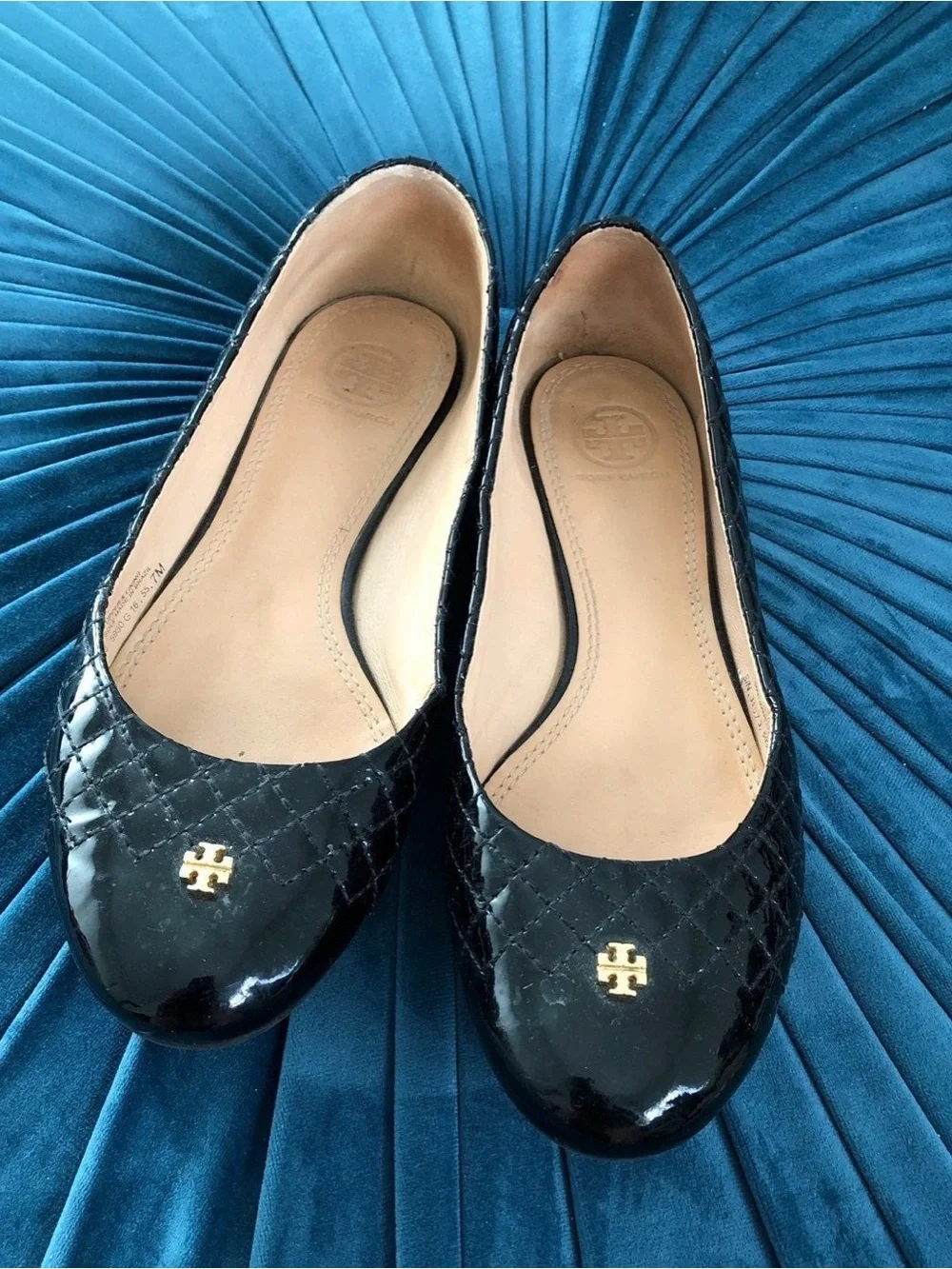 Tory Burch Black Quilted Patent Ballet Flats with Gold Logo
