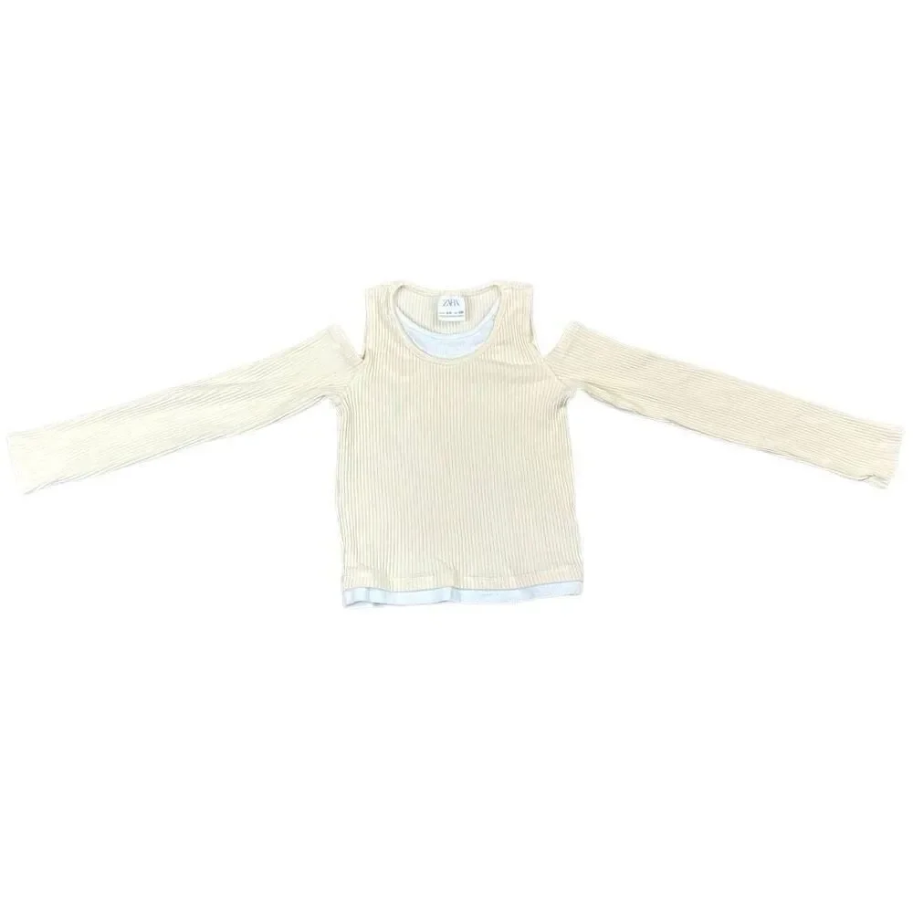 Zara Girls Cream Ribbed Long Sleeve Cold-Shoulder Cutouts Layered Top 8-9