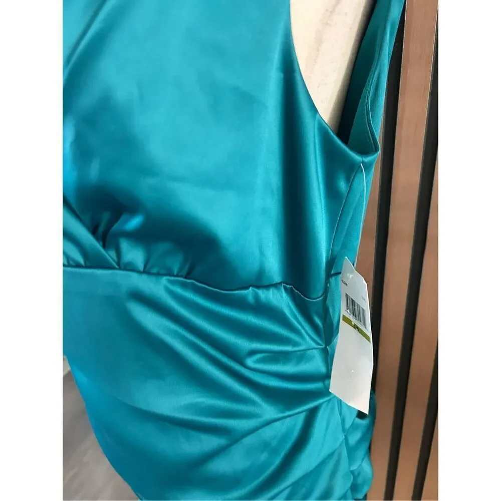 Suzi chin teal green mother of the bride wedding dress size 14 sleeveless scrunc