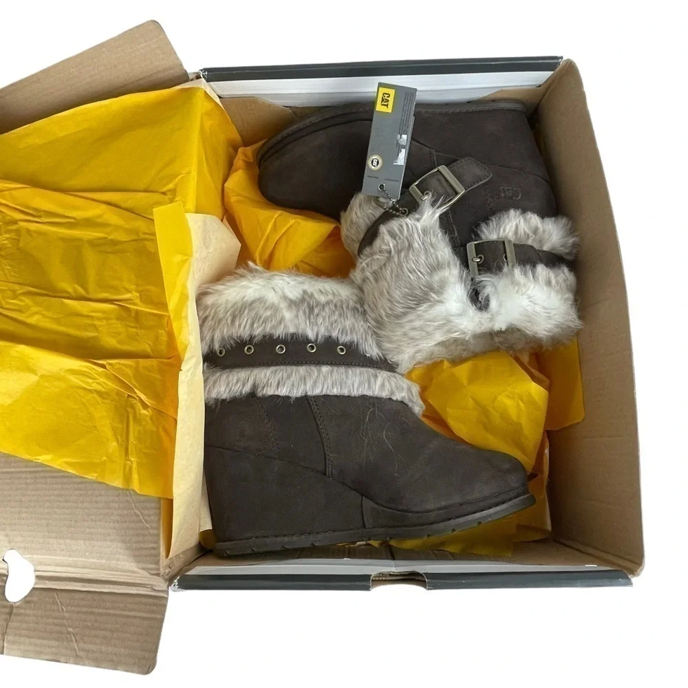 CATERPILLAR CAT BOISTEROUS FAUX FUR CAFE BROWN SUEDE WEDGE WINTER BOOTIES BOOTS