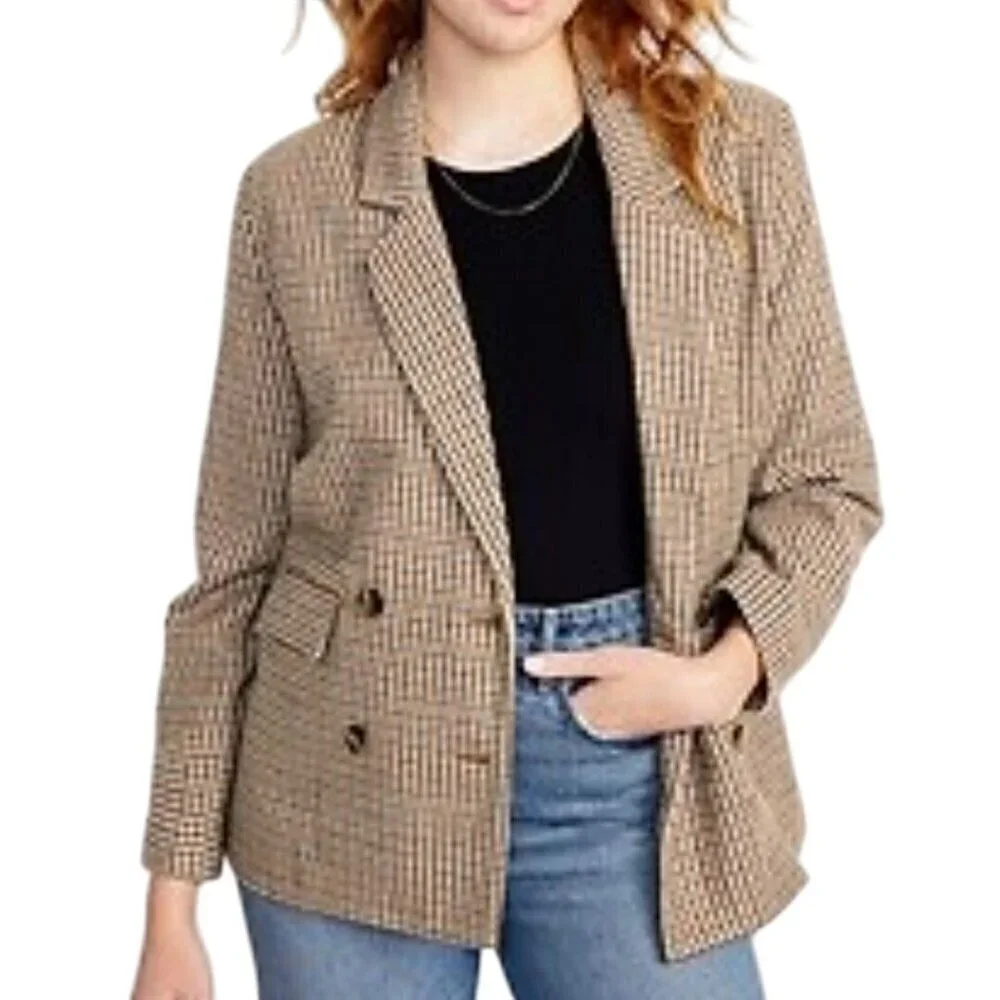 Old Navy NWT Double-Breasted Textured Blazer Brown Plaid Houndstooth Size XL