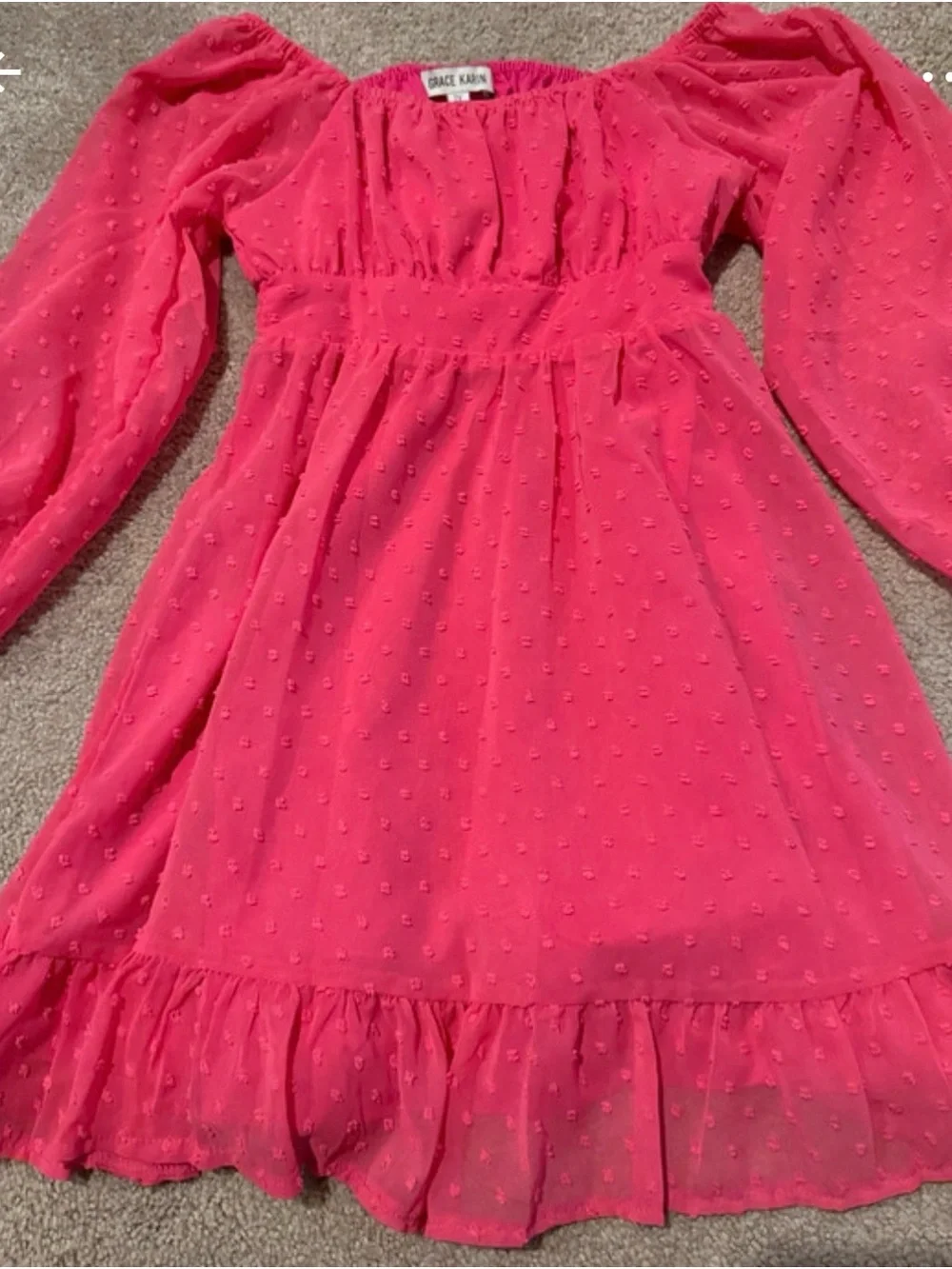 Grace Karin Girls' Hot Pink Swiss Dot Long Sleeve Ruffle Dress