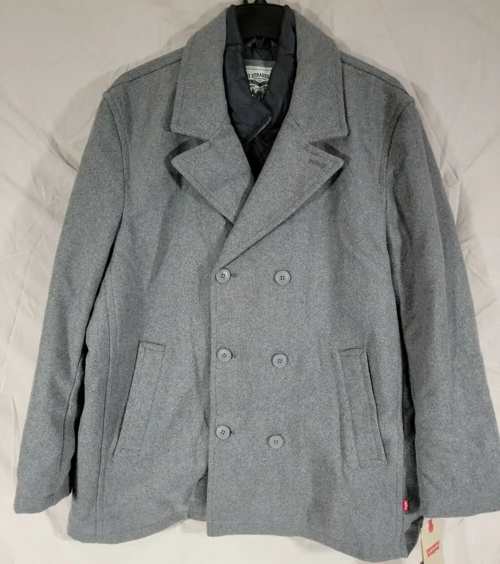 Levi's Peacoat Jacket Men's Small Wool-Blend with Puffer Bib Light Gray LM0JP370