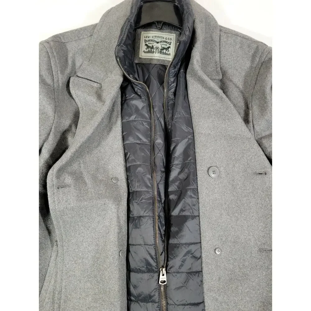 Levi's Peacoat Jacket Men's Small Wool-Blend with Puffer Bib Light Gray LM0JP370