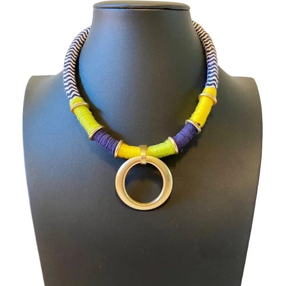 Multi Colored Thread Necklace w/ Matte Gold Toned circle Pendant.