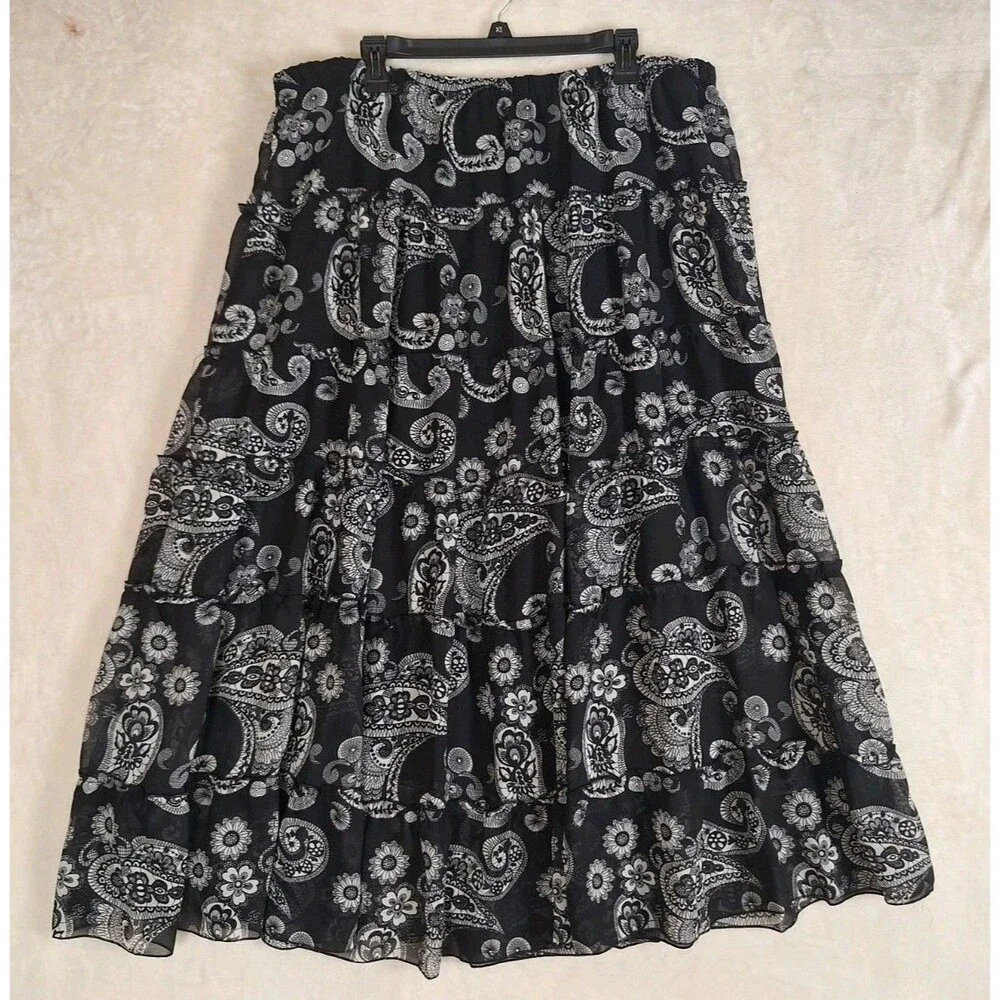 Anthony Originals 1X Tiered Paisley Skirt Black White Boho Lined Elastic Waist