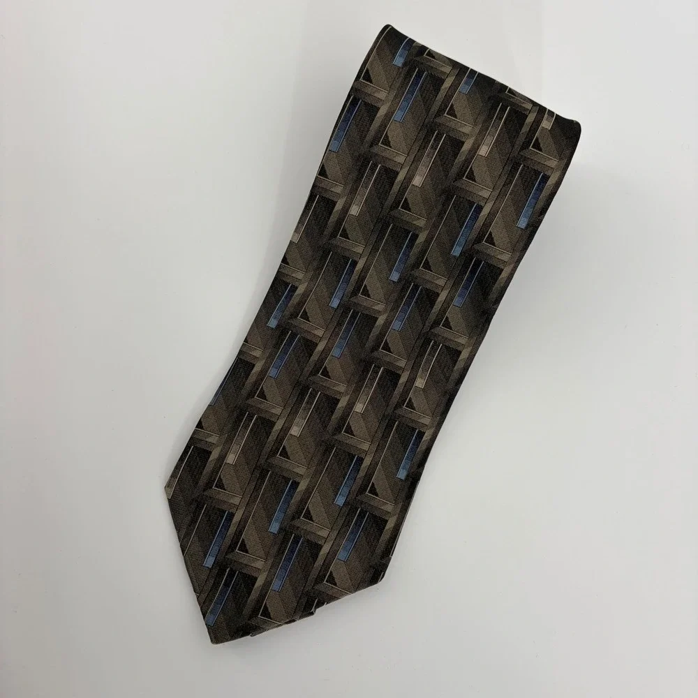 Murano Mens Silk Tie Brown Blue Geometric Abstract Architectural Made in USA