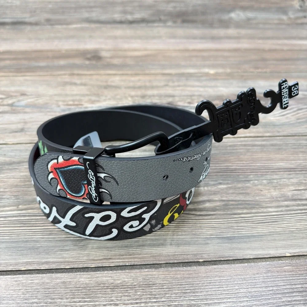 Ed Hardy Men Size 36 Reversible Belt Grey Black Tattoo Graphic BX95409EHQB New