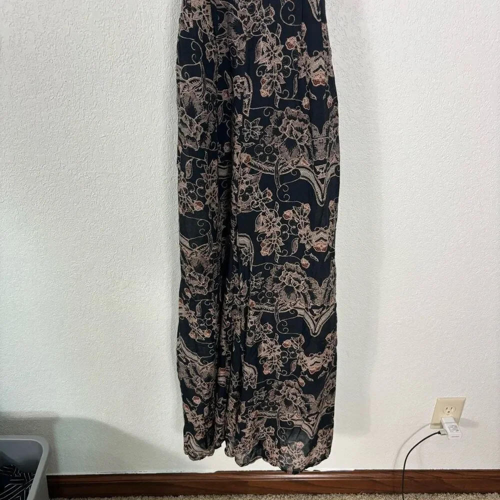 Free People Kissing Sunlight Halter Pants Jumpsuit Black w/ Brown Floral Medium
