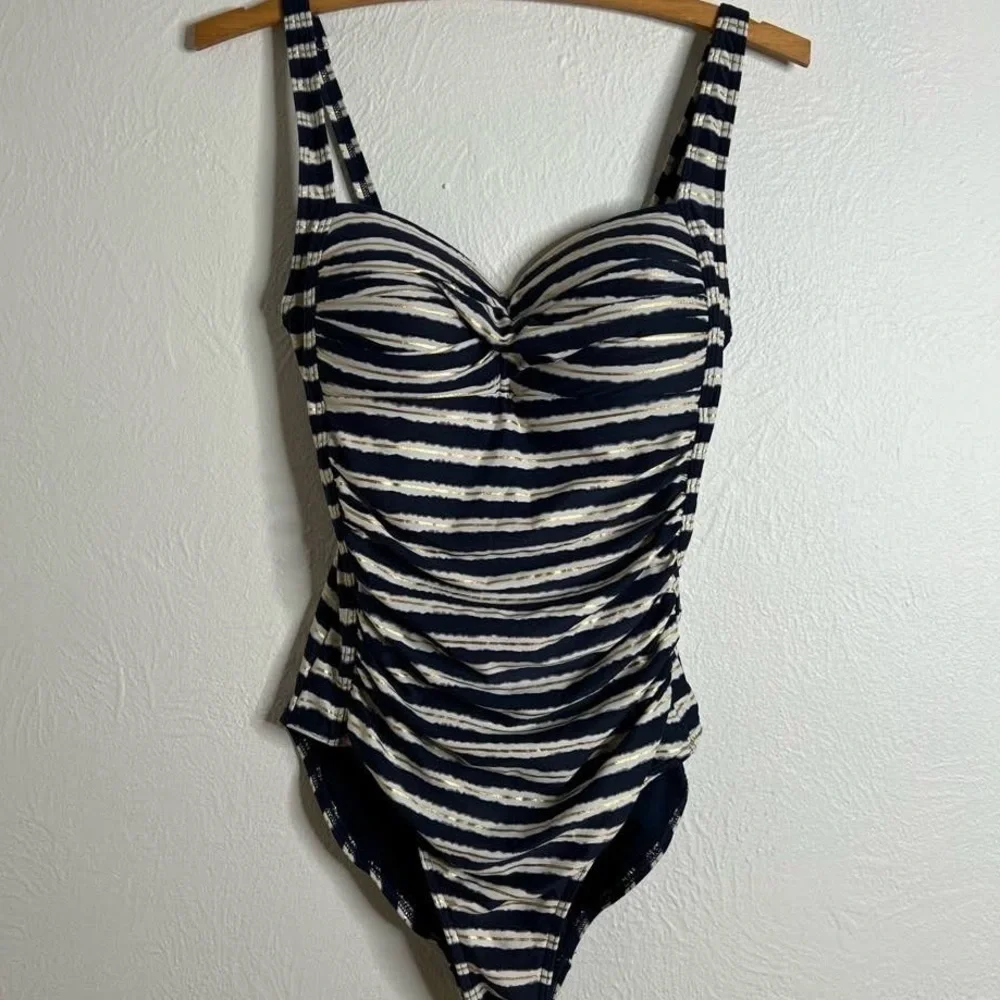 NipTuck,Joanne Twist-Front, Gold-Striped One-Piece, Excellent Condition, Size 6