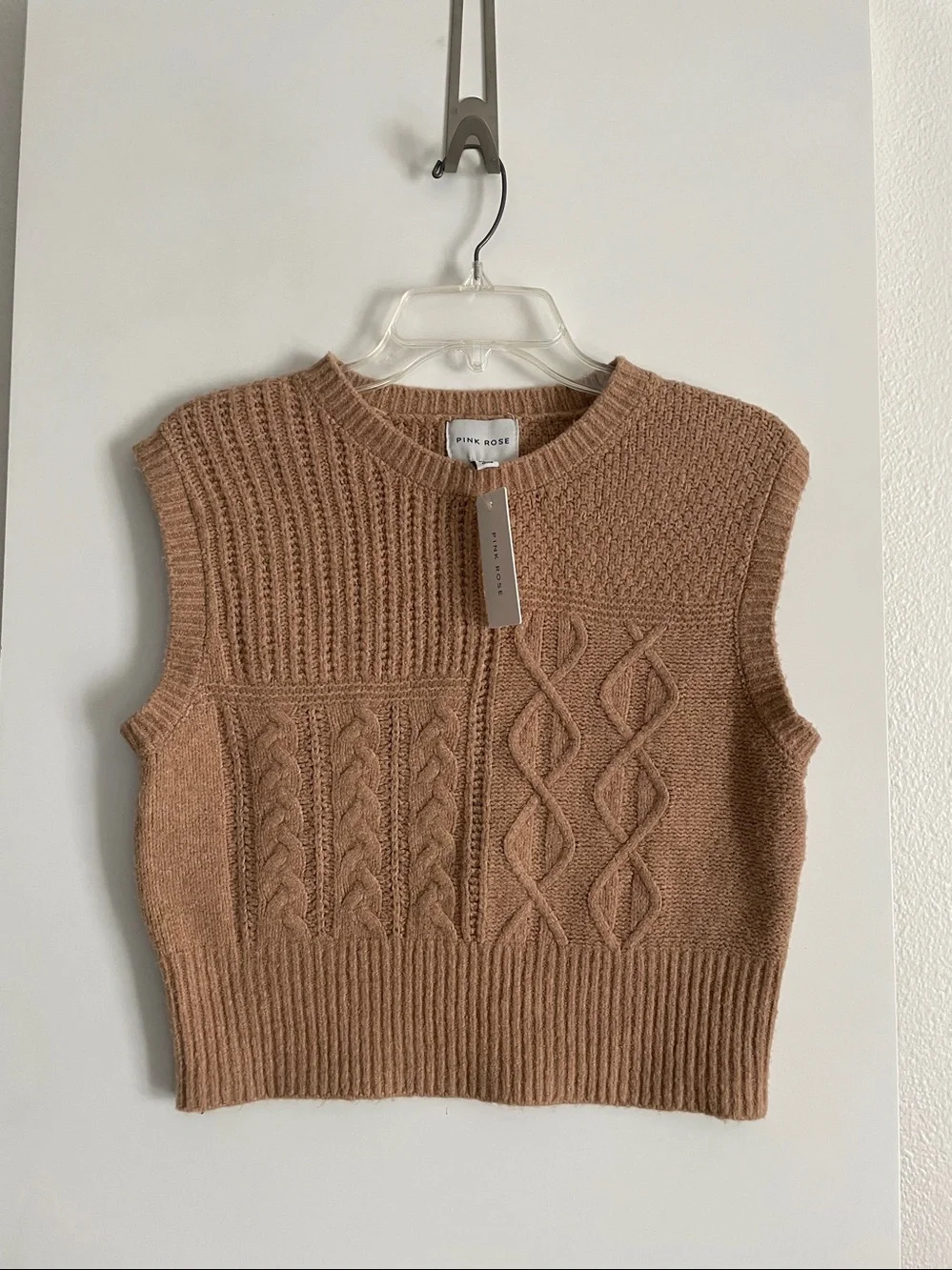 Pink Rose Camel Tan Knit Crew Neck Sweater Vest Tank Top NWT