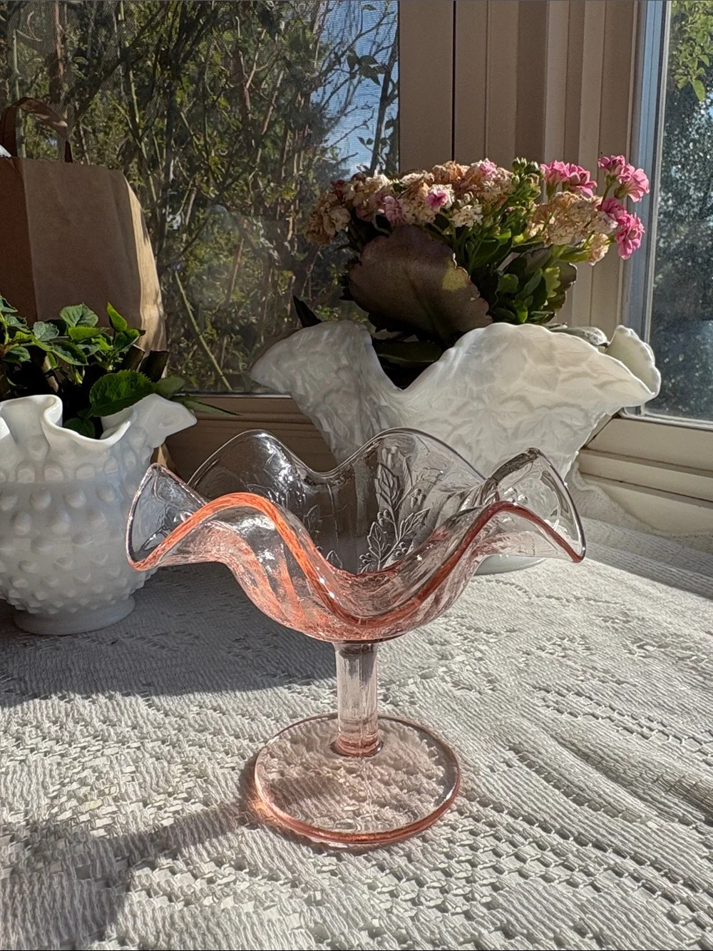 Pink glass compote