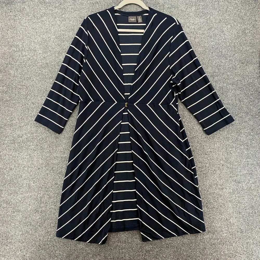 Chicos Travelers Cardigan 2 Womens L Blue Striped Slinky Duster Travel Preppy‎