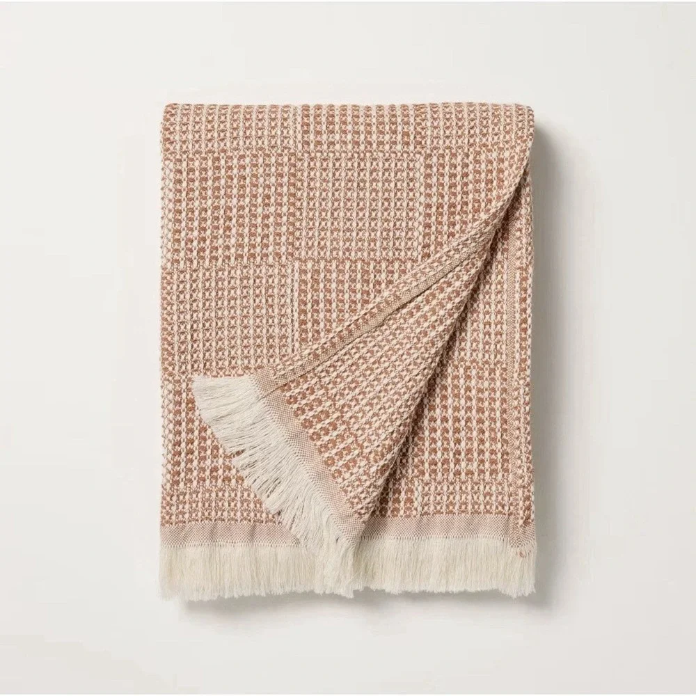 Hearth & Hand Magnolia Throw Blanket Checkered Knit Fringe Neutral Blush Rust‎