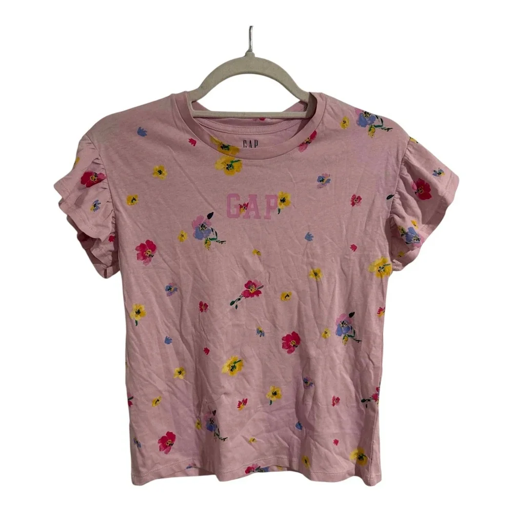 Gap Kids Girls Pink Floral Ruffle Flutter Sleeve Cotton T-Shirt Size L 10/12