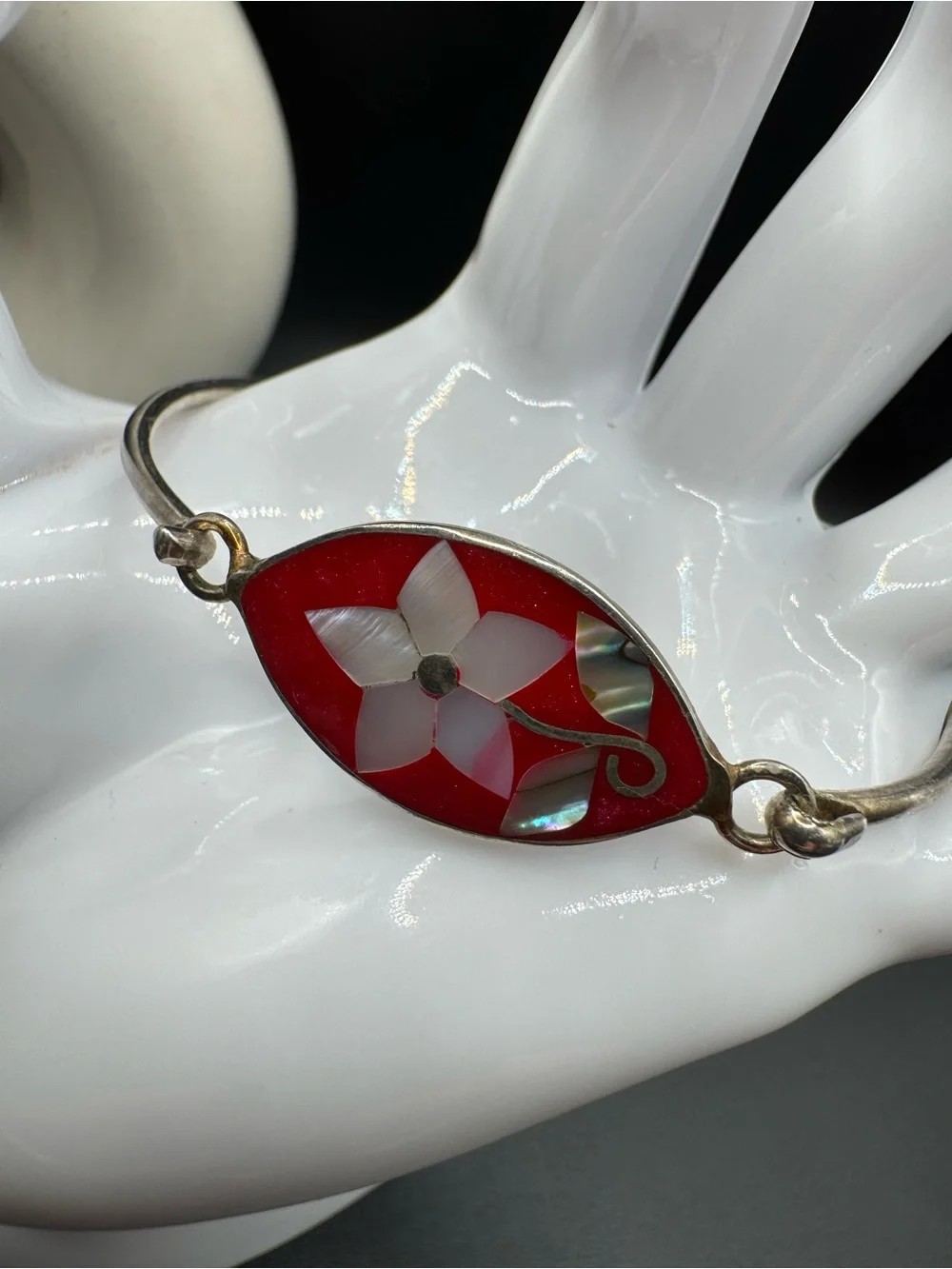 Mexican Silver Alpaca Bangle Bracelet with Red Enamel & MOP Floral Inlay