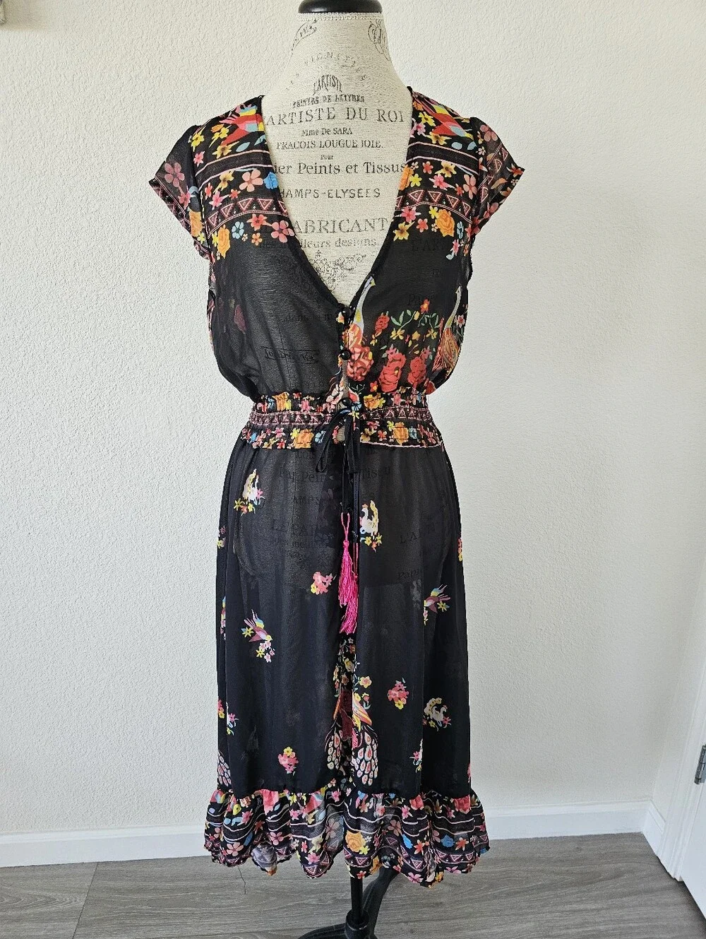 Floral Black Sheer Swim Coverup Dress With Flower And Bird Print One Size