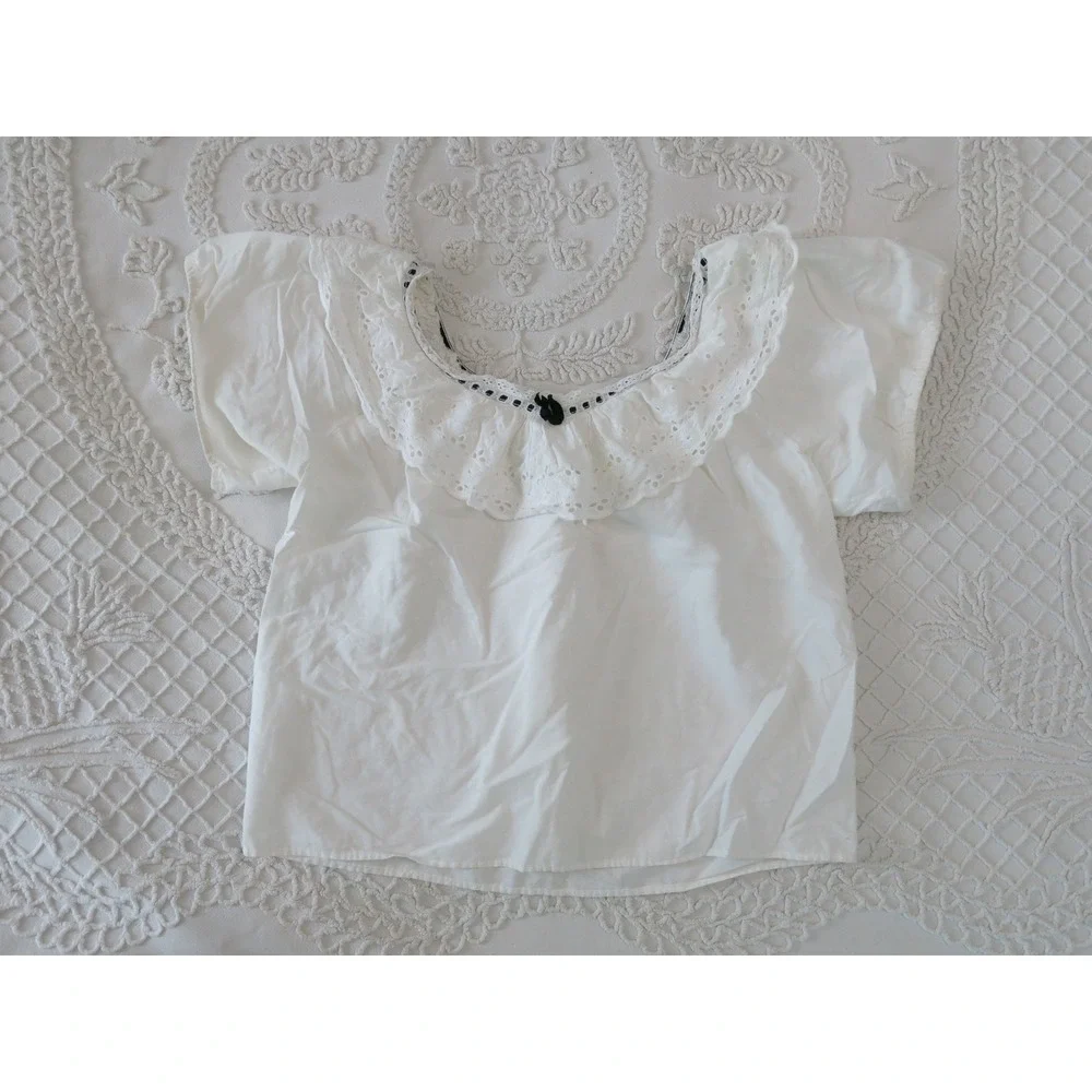White Lace Ruffle Collar Peasant Poet Blouse Boxy Crop Cotton Vintage Handmade