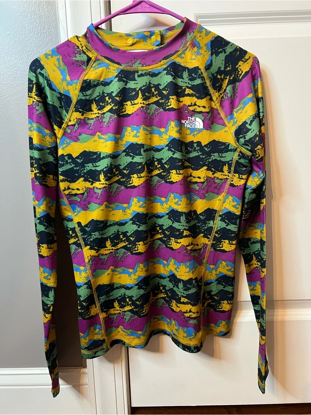The North Face Green Yellow Purple Striped Mountain-Print Long Sleeve Top