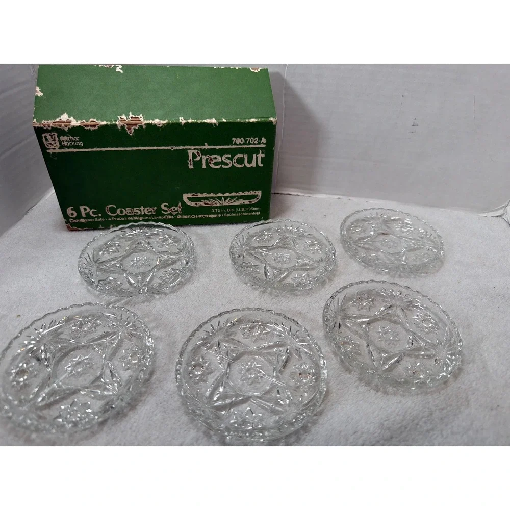 NIB Anchor Hocking Coaster Set Clear Glass Prescut‎ Star of David Glass 6pc Box