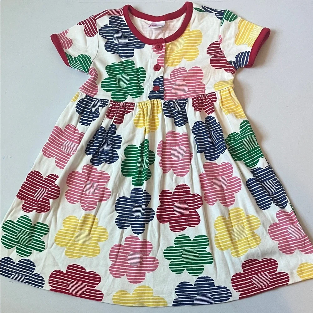 Hannah White Dress with Multicolor Floral Print (red, pink, green, blue, yellow)